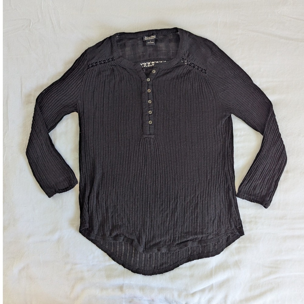 Lucky Brand Black Ribbed Henley Button Down Long Sleeve Top Women S Stretch Boho